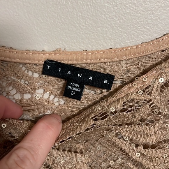 Lace Floral Semi Sheer Overlay Tan Sequin Midi Bubble Sleeve Dress Size 12 - Picture 3 of 11